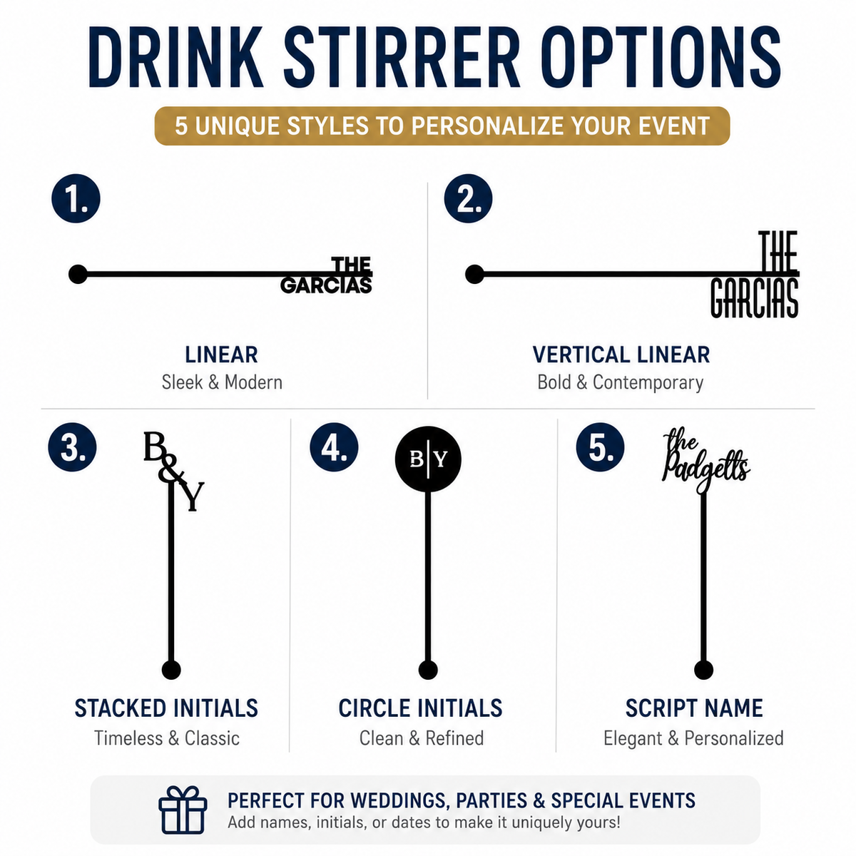 Drink stirrer style options: linear, vertical linear, stacked initials, circle initials and script name