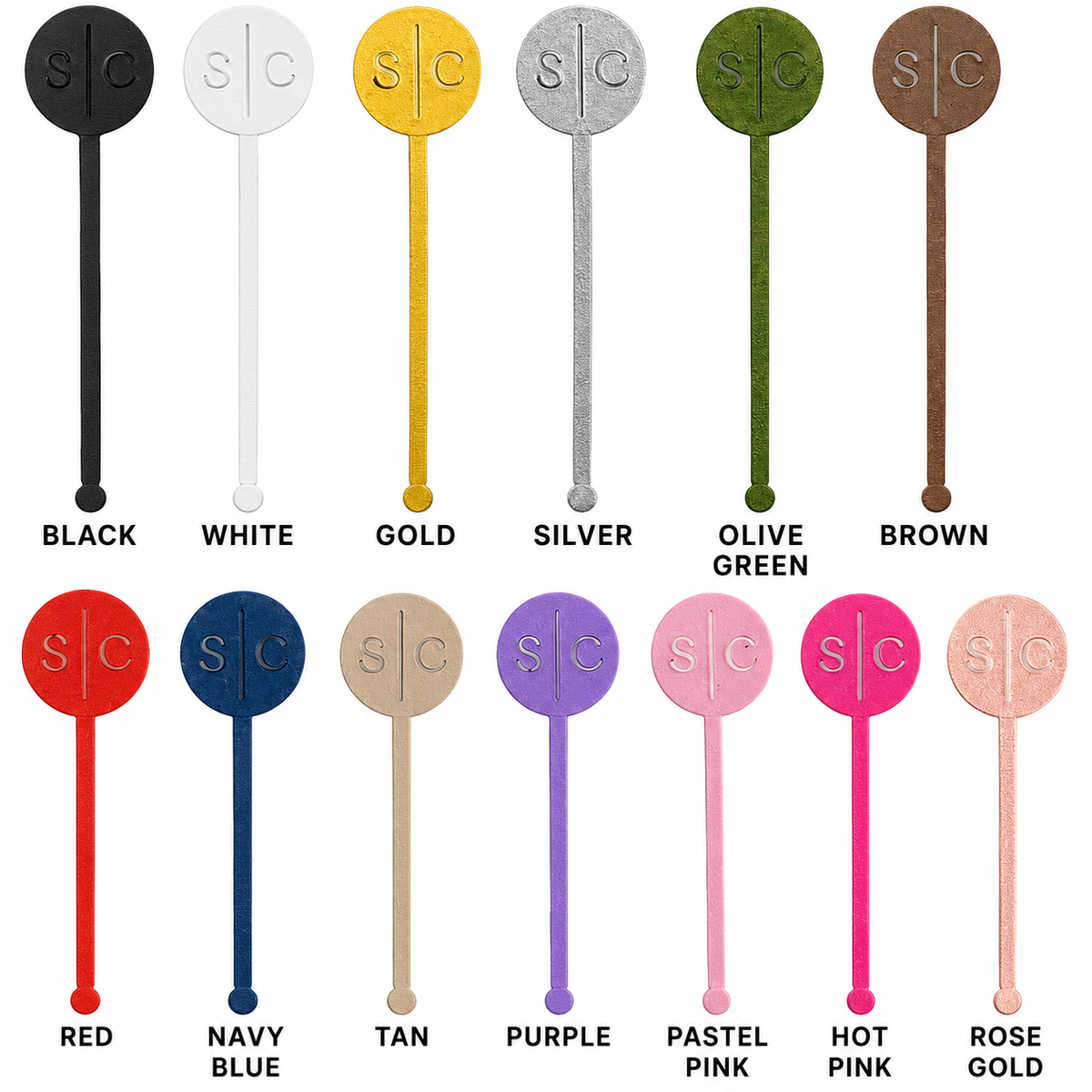 Custom stir stick color chart: 13 colors including black, white, gold, silver, olive green, red, navy and rose gold