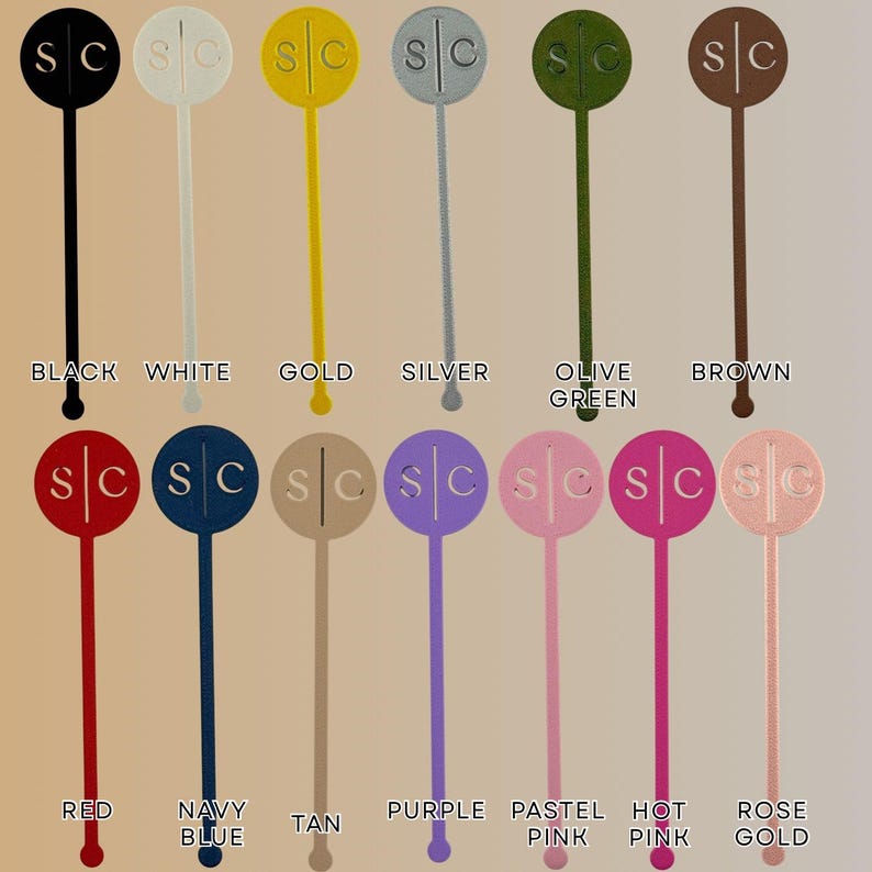 Color sample chart of circle initials stir sticks in all 13 colors