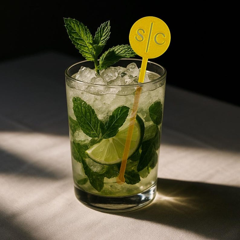 Gold circle initials stir stick in a mojito in sunlight